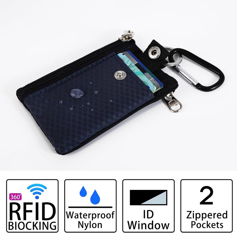 MASAPHIL MASAPHlL Small Lanyard Wallet for Women/Men with RFID Blocking ID Badge Holder, Minimalist Nylon Zipper Pouch, Travel Neck Wallet with Keychain, ID Window for Card,Coin,Cash (Dark Blue+Black) - Image 4